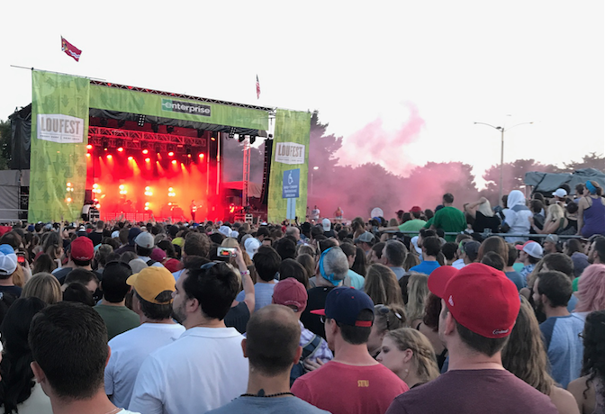 Cage the Elephant performs at LouFest on Saturday evening. He sang popular songs  Cigarette Daydreams and Telescope. 