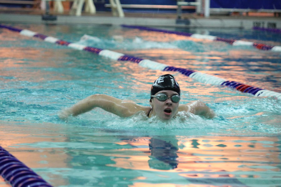Ladue's Varsity Girls Swim and Dive team hosted University City for their third home meet of the year on Tuesday, January 16, 2018. Sophomore Schulyer Wolf wraps up her first lap of breaststroke.
