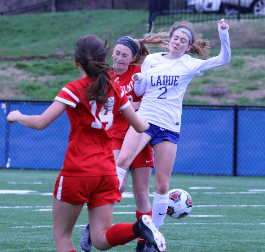 Ladue's Varsity girls soccer team won against Ursuline Academy.  The final score was 3-0.  Hope Shimony jumps for the ball.