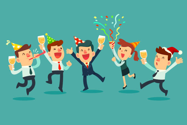 Happy business team in the party. Businessman and businesswoman raising champagne glasses celebrating in office party.