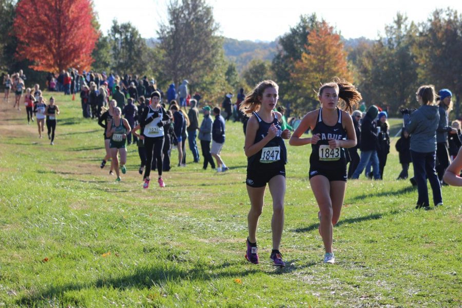 Freshman Jordan Hunt and Samantha Strayhorn run together during the 2019 cross country sectionals Nov 2. Strayhorn and Hunt, now juniors, have been runners all through high school. 