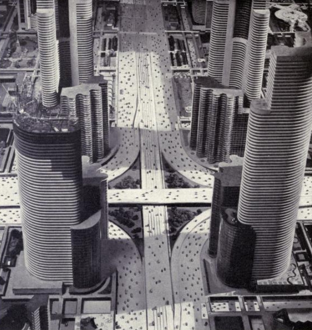 Depiction of what a 1939 designer thought America would like 20 years in the future. Sponsored by General Motors and displayed at the 1939 New York World Fair, titled "Futurama."