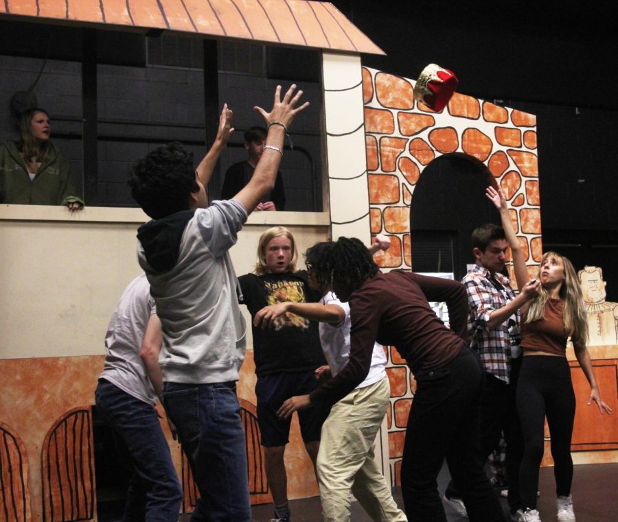 The cast of the LHWHS fall play, "The Complete Works of William Shakespeare, Abridged," rehearses a scene on Oct. 4, 2022.  "It's really clear that everyone who's participating had put so much effort into everything, and it's going to make this year's show super amazing," said props director sophomore Ashley Gray. 