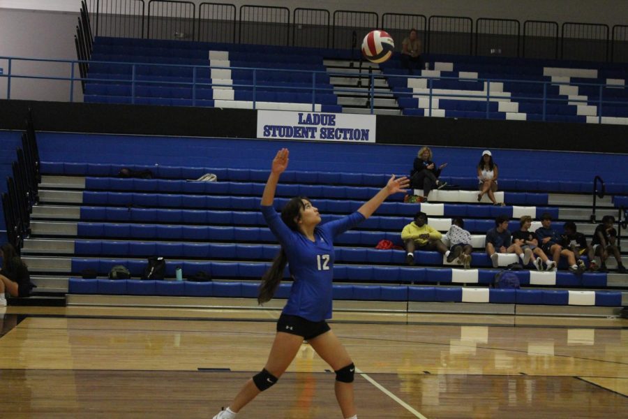 Volleyball player making a great overhand serve.