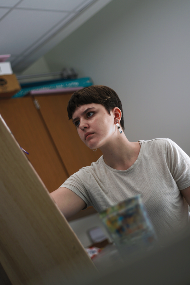 Gray Baker works on one of her recent pieces, "Untitled so far,” in Mr. Raedeke's room for AP Studio Art. She studied her work, continuously making small, almost imperceptible changes, as she worked to build out the piece to fulfill her vision. Her eyes are fixed, completely immersed in the process. “I love being engrossed in something so intensely,” Baker said. “Creating is such an emotional and thoughtful process. I honestly can’t see myself doing anything else.” 