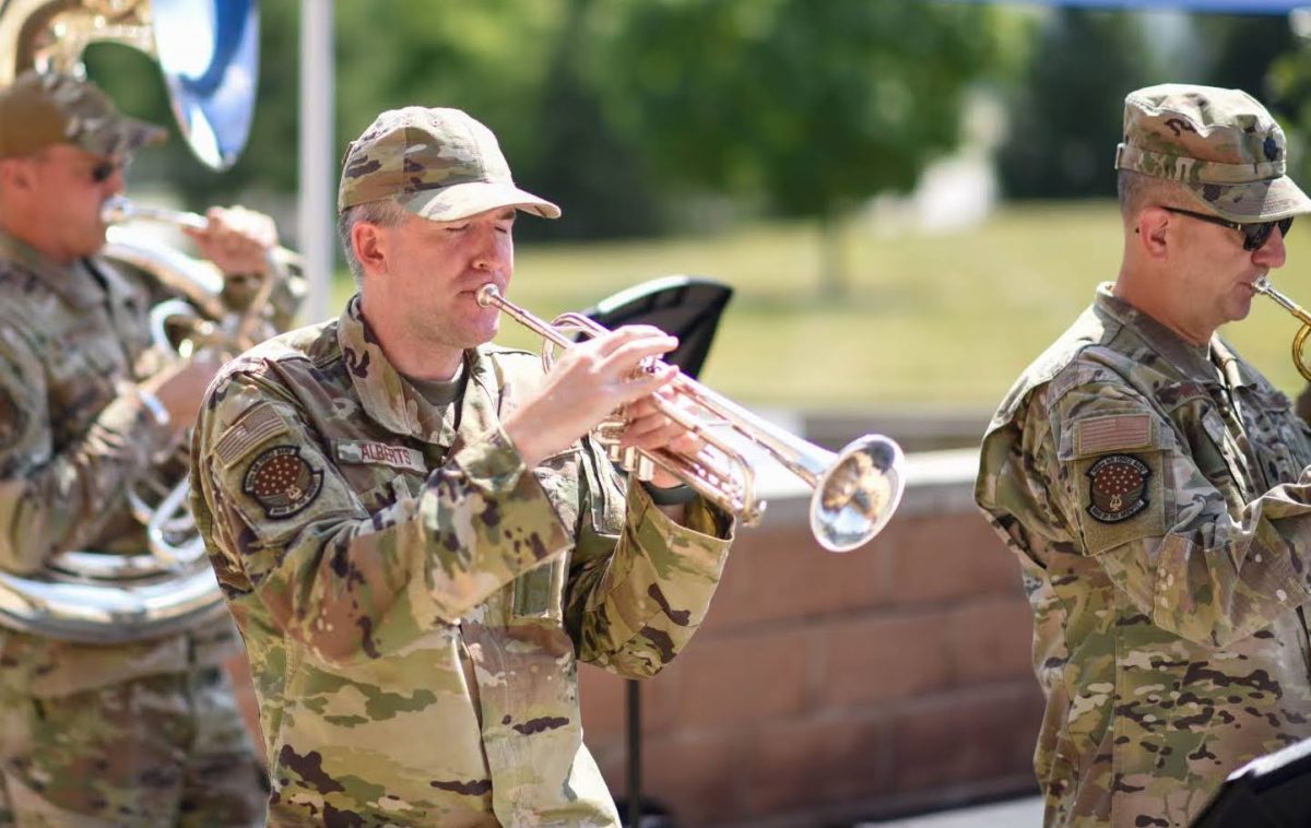 Lucas Alberts plays the trumpet alongside his fellow military bandmates. Alberts has played in the band since 2004. "The military bands are in the public eye much more, so we have to do our best to represent the military well," Alberts said.