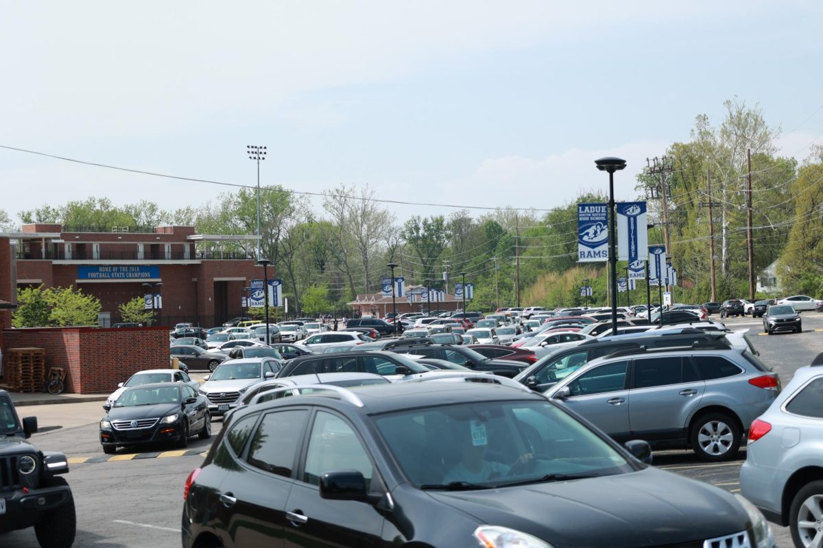 The traffic in the student parking lot after school is due to the amount of people leaving at once.