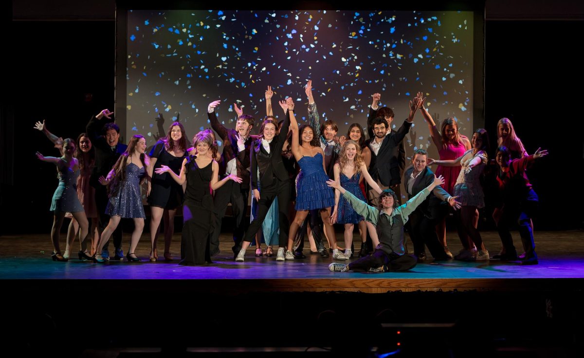 The cast of Ladue High School's spring musical production gathers for the finale at the end of their dress rehearsal Feb. 19 in the PAC. "The Prom: School Edition" was selected as this year's annual spring musical.