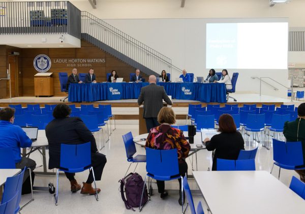 The Ladue Board of Education presents during past meeting, April 9.