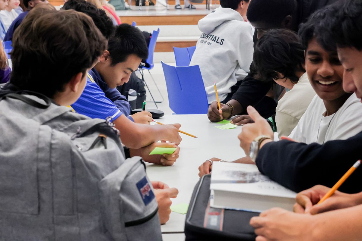 Students in National Honor Society gather in the Multi-Purpose Room after school Thursday, Sept. 4 to discuss the upcoming year. Each member wrote a post-it note and described volunteer ideas. "We are such a large club, so one of the goals for our officers this year was to ensure our meetings were meaningful," NHS sponsor Sarah Kirksey said. "We liked having an activity for them, and we hope to do more during our October meeting."