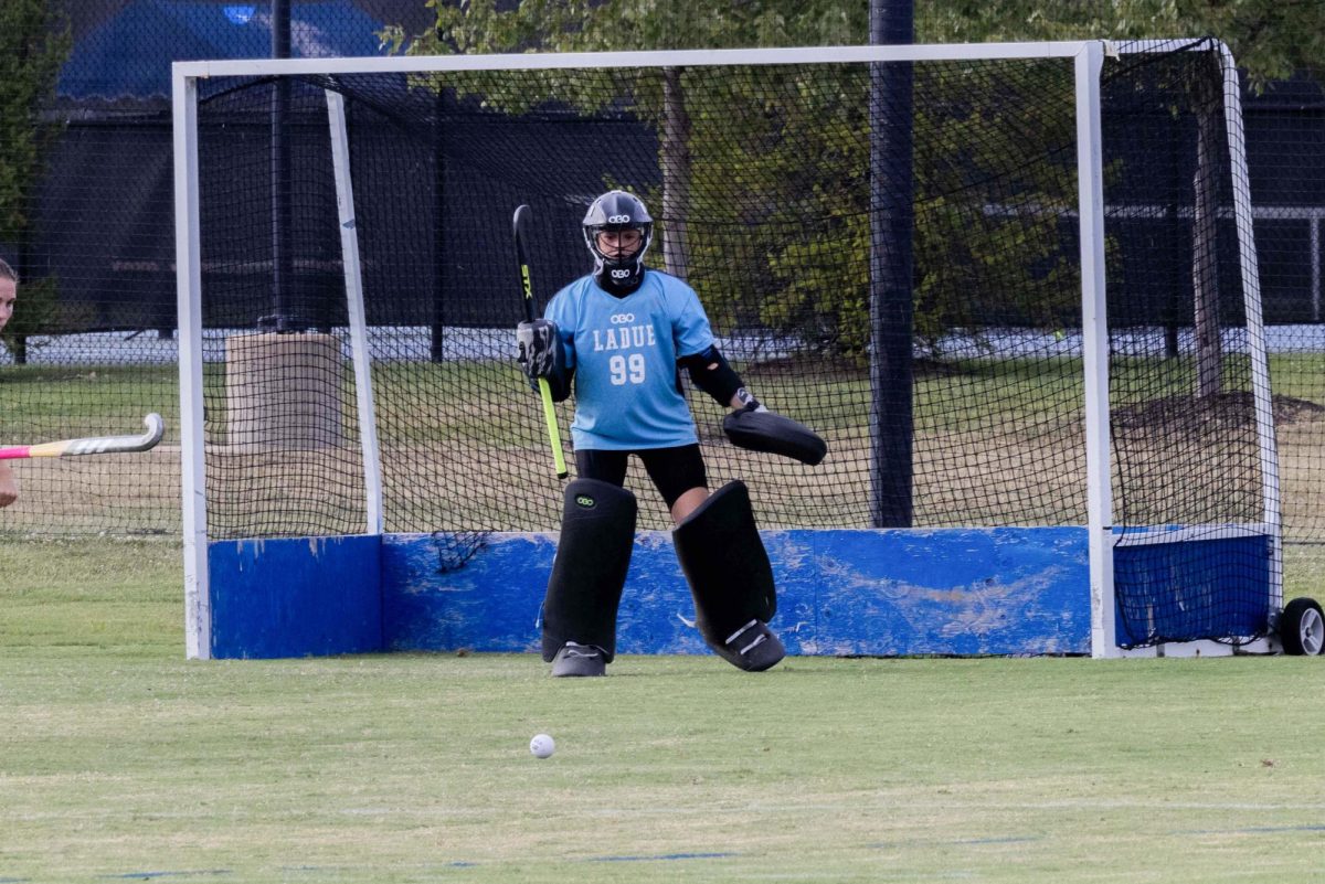 Warwick stands in goal against Westminster Christian Academy Sept. 3. Warwick split time in the cage, recording two saves and zero goals against. “My favorite part of field hockey is the team,” Warwick said.