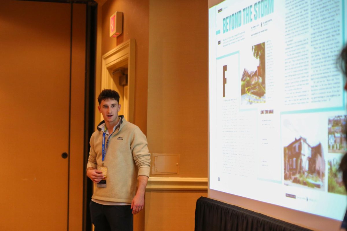 Ladue Media Executive-Editor-in-Chief Josh Devine presents on how Panorama does their story pitch to a room of advisers and students from other schools. Devine has been on the Panorama staff for three years. 