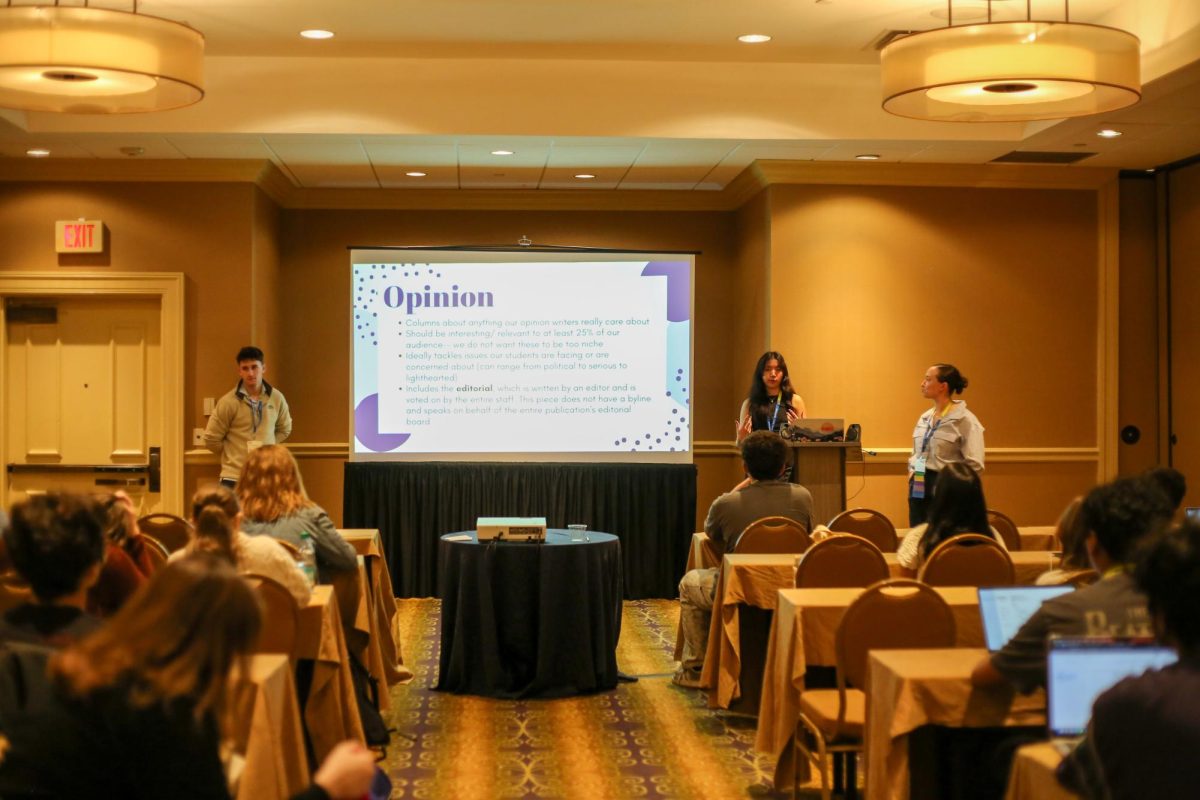 Ladue Media Executive-Editors-in-Chief Josh Devine and Celina Zhou present at the Journalism Education Association's national convention in Nashville. 