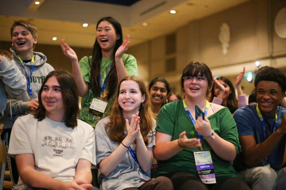 Ladue Media staff reacts as Fiona Van Allen is named NSPA's Artist of the Year. 