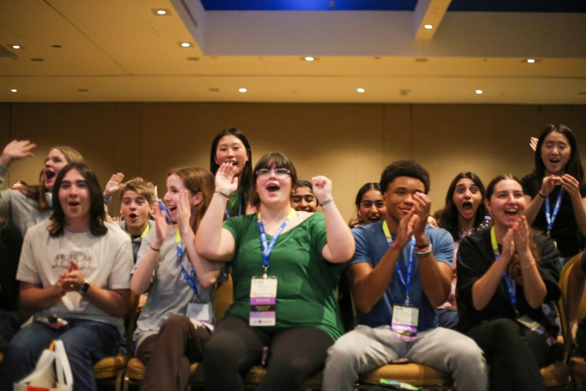Ladue Media staff reacts as Panorama is named a Pacemaker winner. 