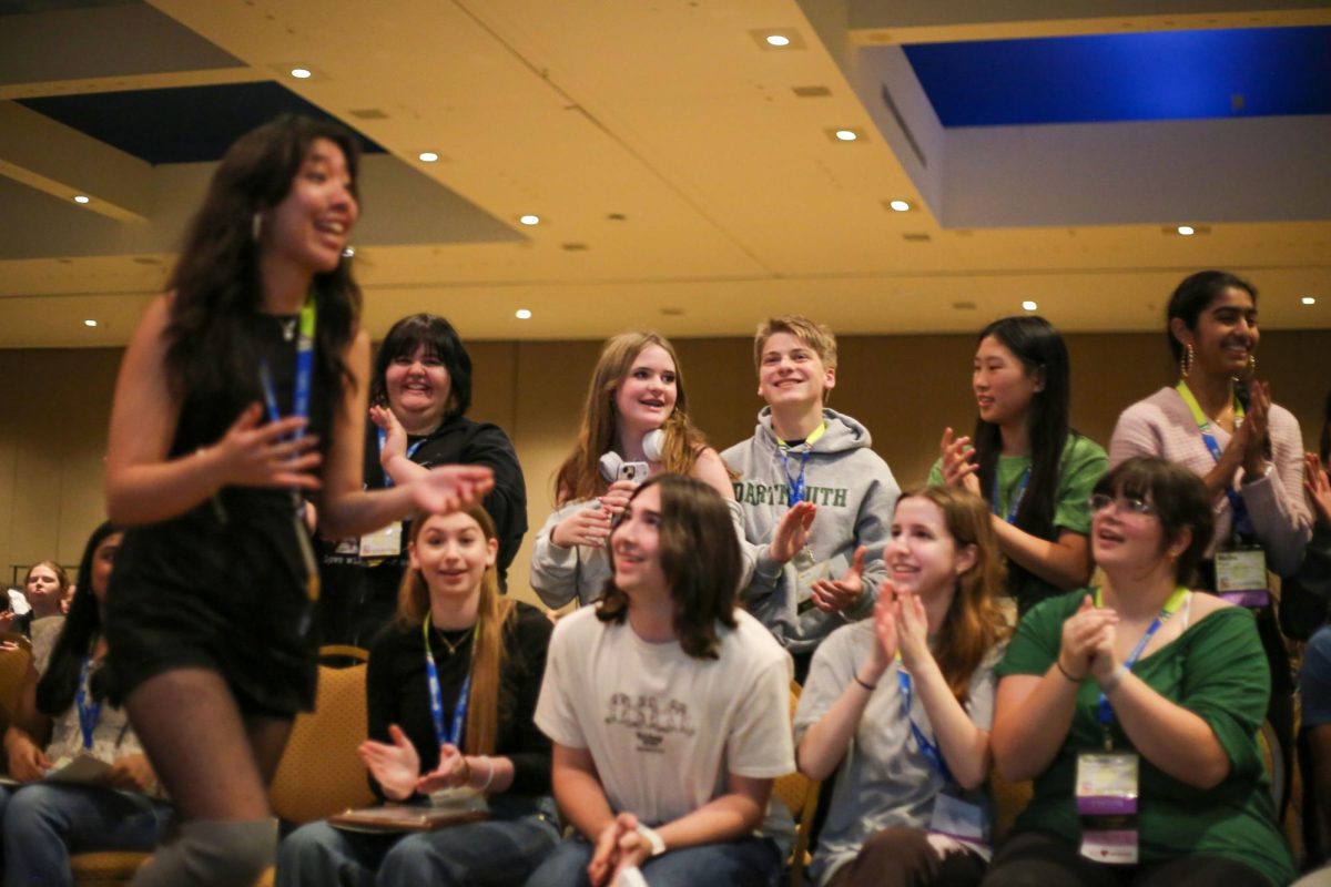 Ladue Media staff reacts as Panorama is named a Pacemaker winner. 