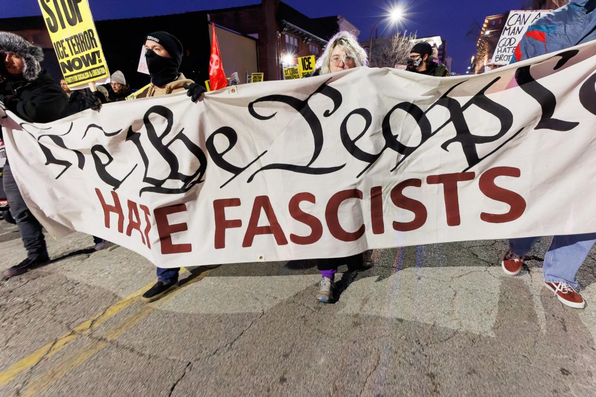 Participants at the
Stop ICE Terror protest Jan.
20 organized by the Party
for Socialism and Liberation
demonstrate their opposition
to Immigration and Customs
Enforcement at Aloe Plaza.
PSL organized many protests
regarding ICE, several of which
Ladue students attended.
“It’s important that you’re
always confident in your
voice and in your beliefs,”
Brockden Miller (11) said. “I
think that high schoolers
should understand that
anybody has an opportunity
to go out and protest for what
they believe in.” 