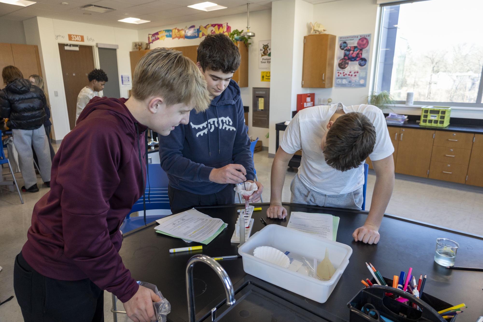 Freshmen biology students separate DNA from strawberries