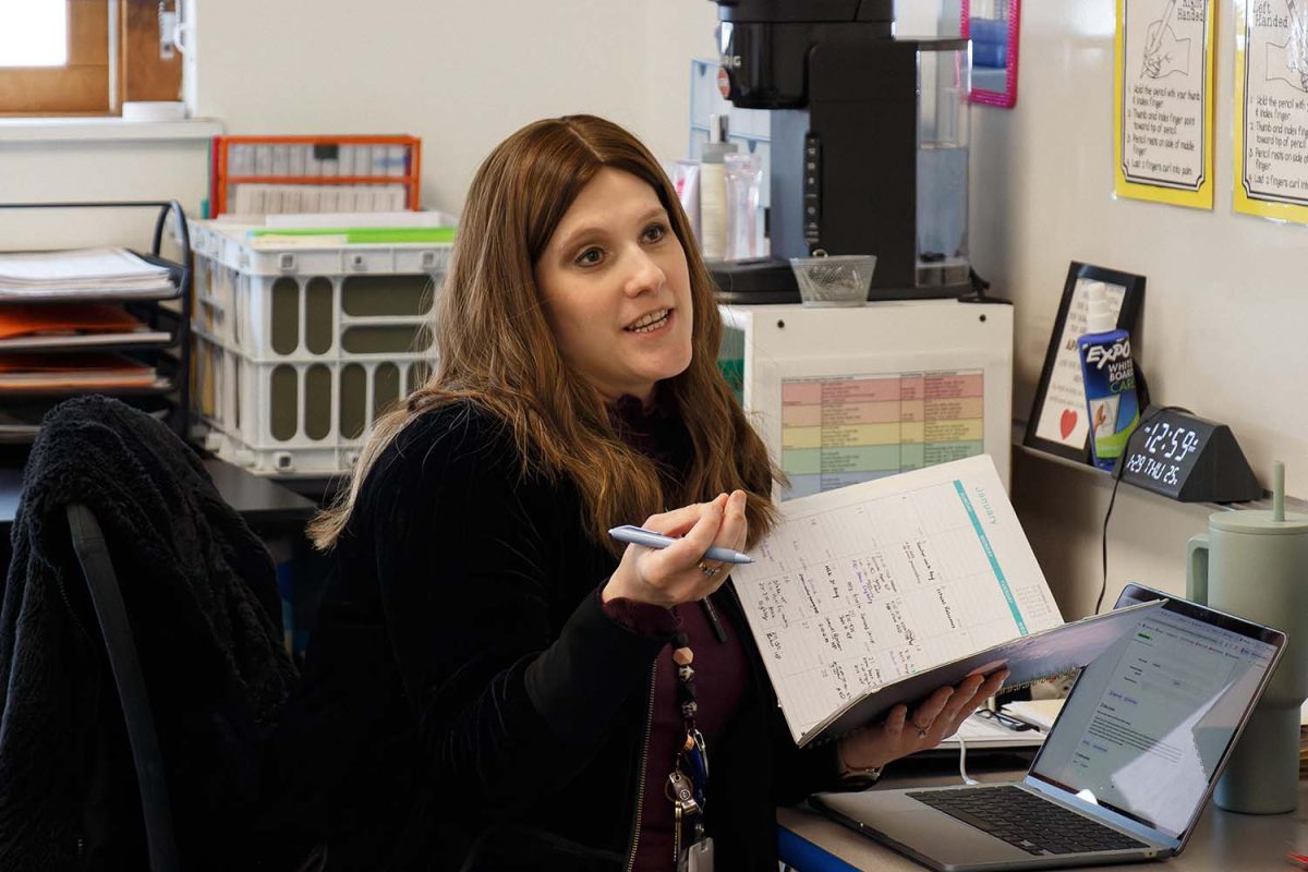 Miriam Gewirtz talks with a colleague while working on her schedule in her office at Old Bonhomme Elementary School. A workday has usually consisted of working with 10 to 14 students. “[A] big thing we work on is sensory motor skills,” Gewirtz said. “What that includes is a child’s ability to self-regulate and remain attentive throughout the day.”