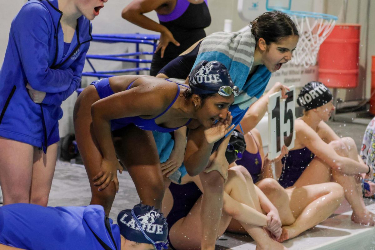 Girls swim battles Parkway North and Lutheran South in a Tri Meet Jan. 22. The swim team has lost just two meets so far this season. "My favorite part about being on the team is how close everybody is and how much fun it is to spend time together," Campbell Cross (12) said.