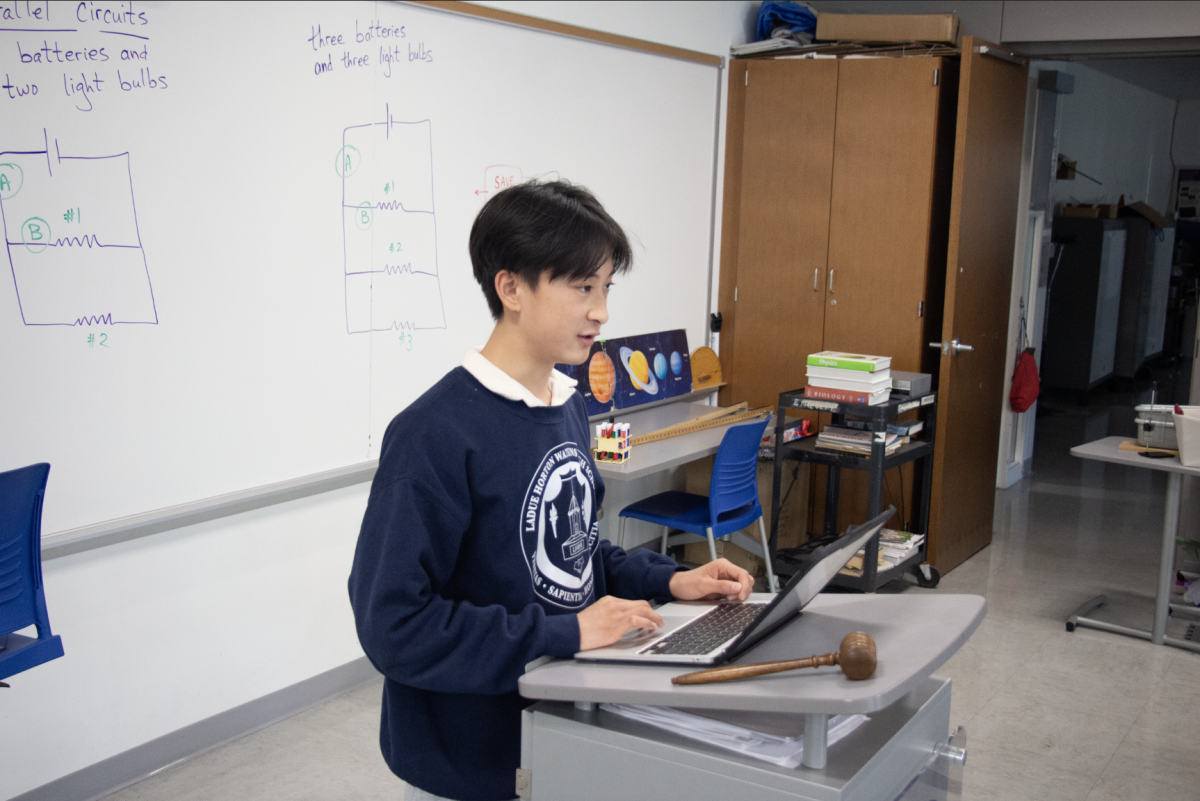 Charlie Fan (9) gives a practice speech after school. Talking Rams holds speech and debate practice four days of the week. “I would say I spend seven to eight hours a week on debate,” Fan said. “It depends on the week though. Like the week before tournament, everyone locks in, and that’s why Ladue is really good.”